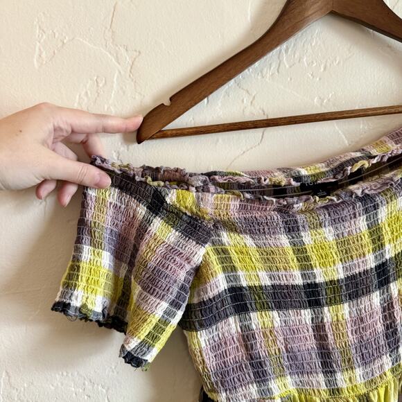 Torrid Size 1 Peplum Gauze Smocked Off-Shoulder Top - Purple Yellow Plaid - Picture 3 of 9